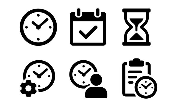 Time management icons: clock, calendar, hourglass, and task management symbols