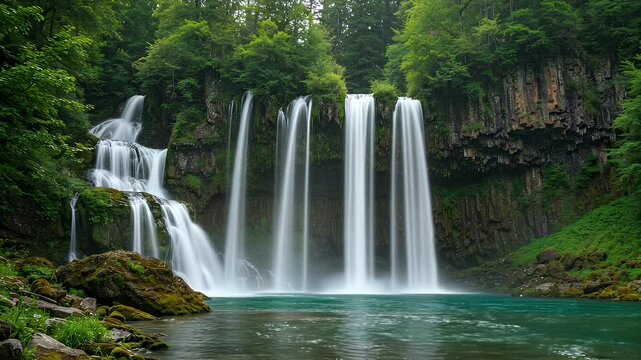 Serene waterfalls cascading into turquoise water surrounded by green forest