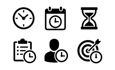 Fototapeta premium Time management icons: clock, calendar, hourglass, checklist, profile, target