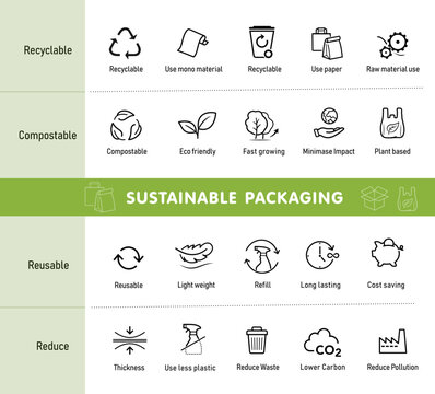 Set icons for sustainable packaging. Vector elements are made with high contrast, well suited to different scales and on different media. Ready for use in your design. EPS10.