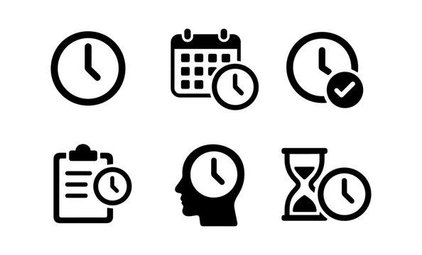 Time management icon set: clocks, calendars, hourglass, and planning symbols