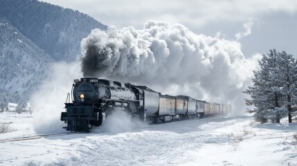 Majestic steam train plowing through snowy landscape