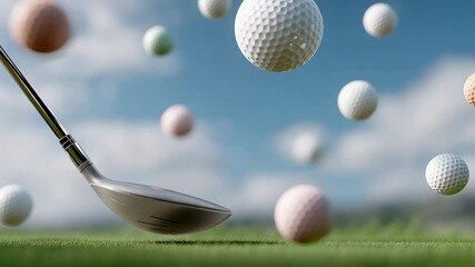 Golf club striking a golf ball on a lush green fairway, with multiple golf balls suspended in the air, showcasing the dynamic motion and excitement of the sport in a vibrant outdoor setting