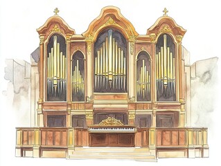 Watercolor illustration of a large ornate church pipe organ with golden pipes and intricate wooden details