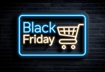Black friday neon sign promoting shopping with a cart icon