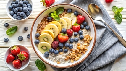 Healthy breakfast bowl with fresh fruits nuts and seeds on white wood