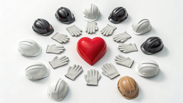 Labor Day A creative arrangement of safety helmets and gloves surrounding a red heart symbolizes protection and care.