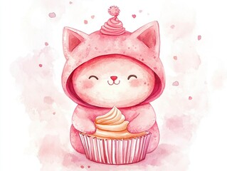 Cute pink cat wearing a hooded costume holds a cupcake Watercolor illustration