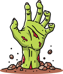 Zombie hand rising from ground cartoon, horror undead illustration, Halloween theme art, scary creepy monster claw dirt background