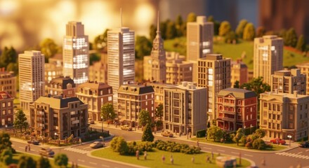 Detailed Cityscape Model with Modern Buildings and Green Spaces in Urban Environment