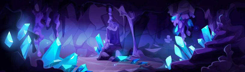 Naklejka na ściany i meble Magic cave interior with glowing blue crystals illuminating purple rock formations - mystical underground chamber with luminous gems, stalactites dripping from ceiling. Fantasy dungeon scene.