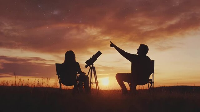 Silhouette of couple stargazing at sunset