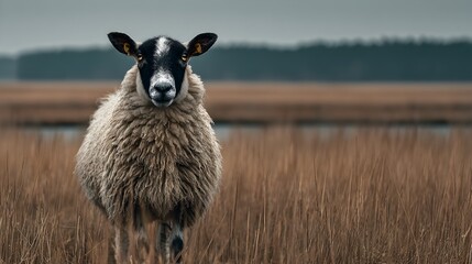 A sheep with a black and white face stands in a field of dry grass, gazing directly at the camera lens.