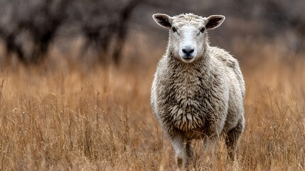 A single sheep stands prominently in a field of tall dry grass looking directly at the camera lens now.