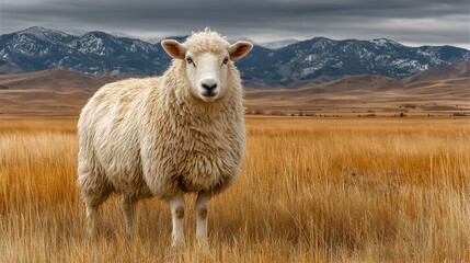 A fluffy white sheep stands peacefully in a golden meadow against a backdrop of majestic snowy mountains.
