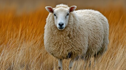 A fluffy white sheep stands amidst dry golden grass, looking directly at the camera with a calm expression.