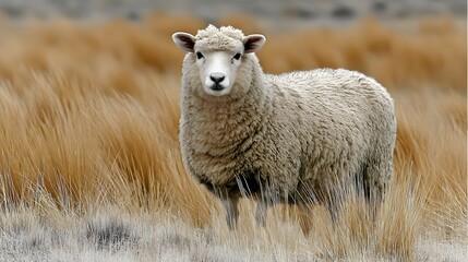 A fluffy white sheep stands attentively in a field of golden brown grass looking directly at the viewer.