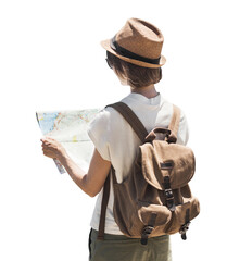 Young woman looking at map during vacation isolated transparent PNG, cheerful student girl traveling abroad in summer - isolated design element, travel and tourism concept