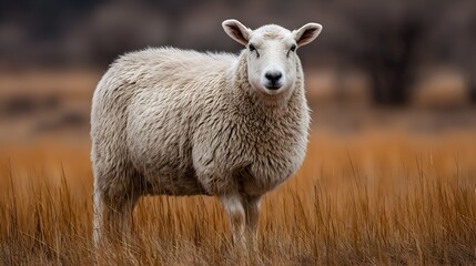 A fluffy white sheep stands peacefully in a field of tall brown grass with a blurred background outdoors.