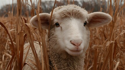 A young sheep with soft wool gazes curiously from tall golden grass in a tranquil rural countryside scene.