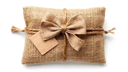 Photo of a burlapwrapped gift package with a twine bow and a blank tag is isolated on a white...