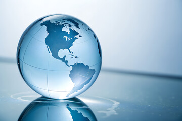 Glass globe reflecting on a wet surface with North and South American continents visible in blue