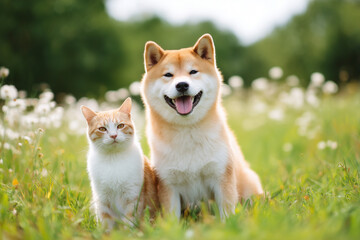 仲良く並んで座る笑顔の柴犬と茶トラ猫