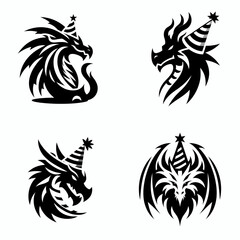 Obraz premium A Dragon wear party hat. Cute Cartoon Clipart Silhouette Vector Illustration Line Art Illustration. Mythical reptile don festive headgear amusing celebration equipment for creature.