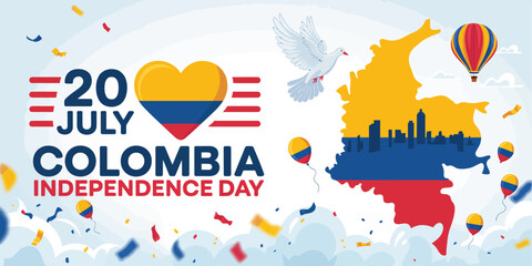 colombia independence day poster with heart-shaped flag, map overlay, dove of peace, skyline silhouette, and festive july 20 celebration