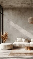 Interior design of a modern apartment, featuring a beige sofa in the living room with gray armchairs and a black wall mock-up for a sophisticated look. Home design, Generative AI