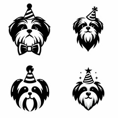 A Shih Tzu Dog wear party hat. Cute Cartoon Clipart Silhouette Vector Illustration Line Art Illustration. Tiny canine in costume headwear celebration festive event breed.
