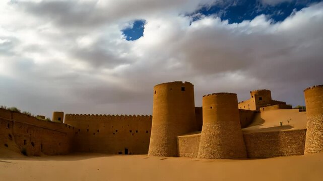 Clouds passing over the historic liwa fort in the empty quarter
