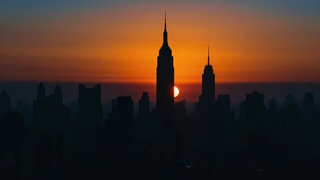 Silhouetted cityscape with a vibrant, colorful sunset backdrop