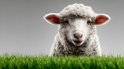 Obraz premium A cute and fluffy lamb sits happily in the vibrant green grass with a soft grey background on a sunny day.