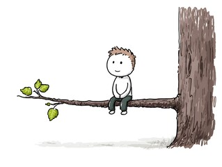A cartoon boy with a smile sits peacefully on a tree branch in a simple and charming illustration.