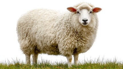 Obraz premium A fluffy white sheep stands calmly on green grass against a clean white background in bright daylight.