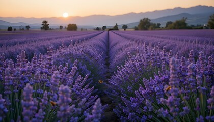 a dense field of lavender stretching into the horizon, with bees hovering near blooms and mountains faintly visible in the background, all captured in warm evening light -