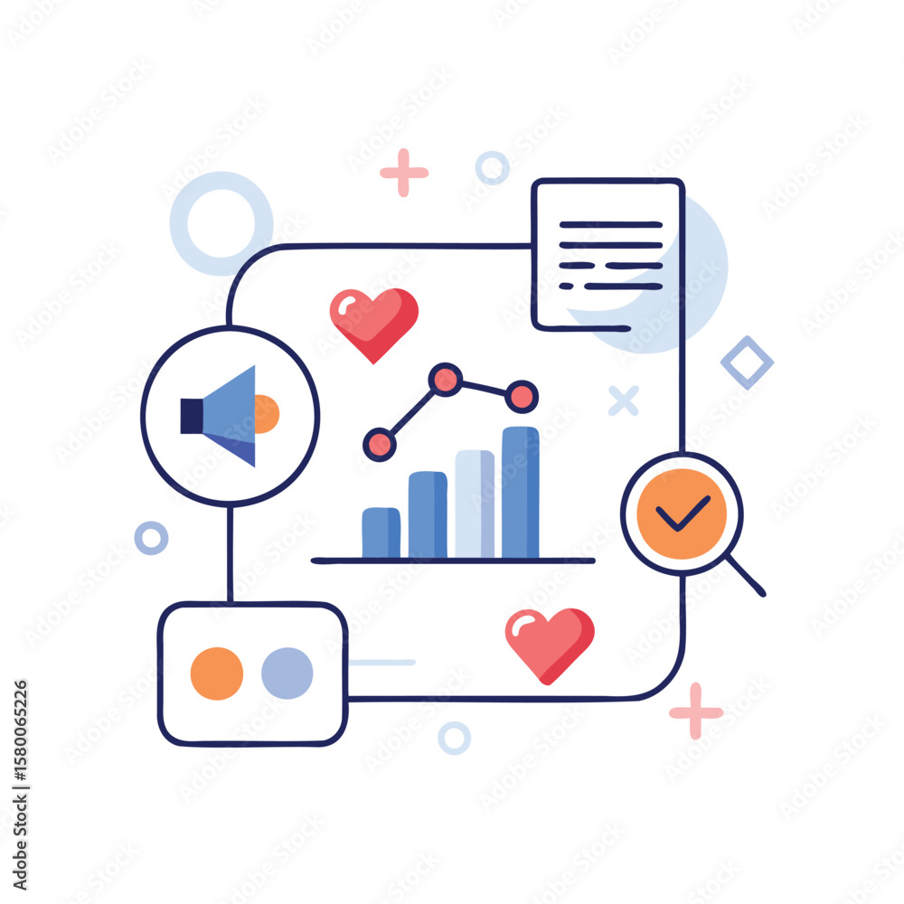 Poster digital marketing strategy and data analysis with growth metrics and customer engagement icons