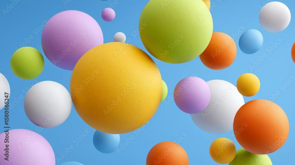 Poster colorful 3d illustration of floating spheres in various sizes and hues, creating a vibrant atmospher