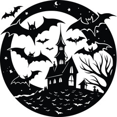 Spooky Halloween Night Bats, Haunted House, and Moonlit Scene