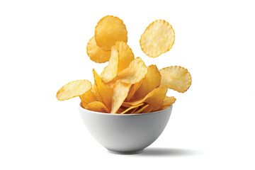 A side view of a snack bowl of savoury potato chips party food, crispy nibbles isolated against a transparent background	