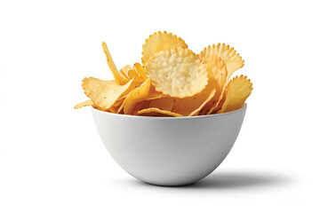 A side view of a snack bowl of savoury potato chips party food, crispy nibbles isolated against a transparent background	