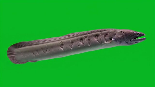 Sea Lamprey (Petromyzon marinus) swimming against a green screen background, highlighting its unique aquatic form.