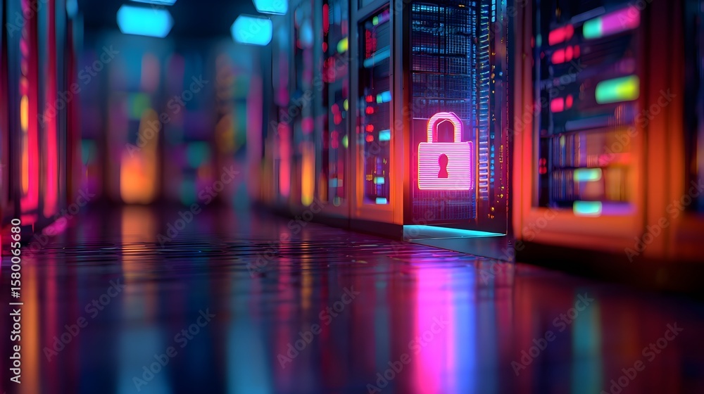 Poster secure data center with neon lights and locked server