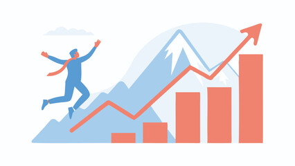 A man jumping over a rising graph with mountains in the background and a red arrow pointing up