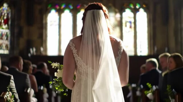 Bride walking down church aisle soft lighting stained glass windows historic church wedding ceremony