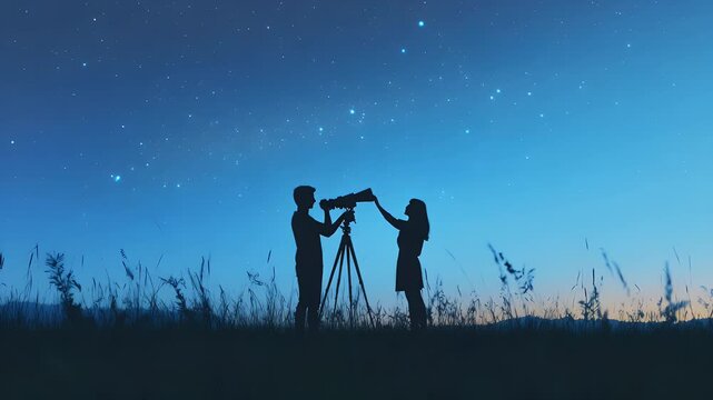 Silhouettes of two people gazing at stars through a telescope at night