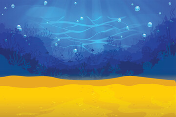 Undersea with island. Marine life landscape - the ocean and the underwater with different inhabitants. For design websites and mobile phones, printing.