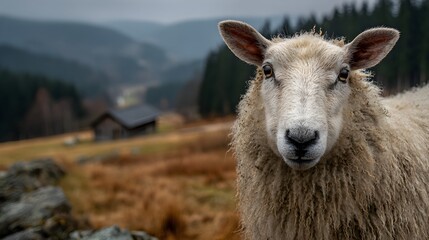 Fototapeta premium A close-up view of a sheep stands peacefully in a rural field on an overcast autumn afternoon scene.