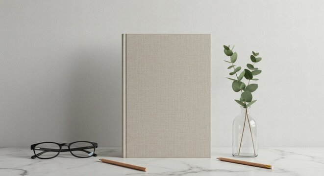 Book Presentation A Serene Still Life with Notebook, Glasses, and Delicate Greens for Design Inspiration